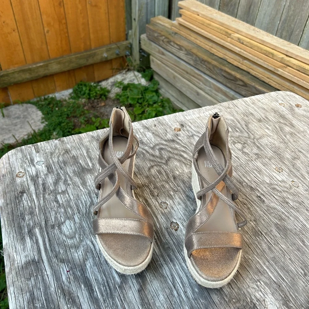 Eileen Fisher Wanda Espadrille Wedge‎ Sandal Metallic Leather Size 6.5